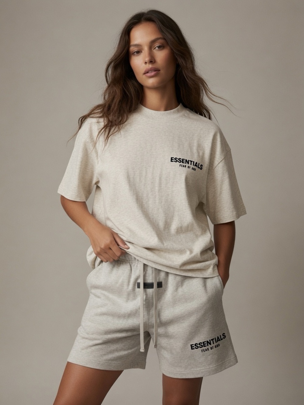Essentials Heather Beige Logo Tee & Shorts Set